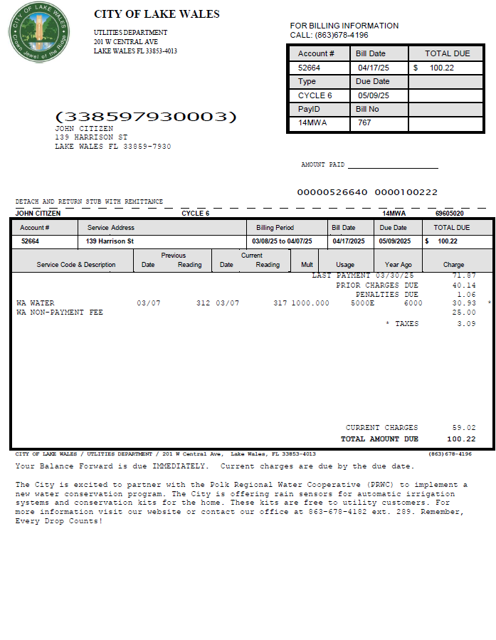 USA City of Lake Wales utility bill template in Word and PDF formats